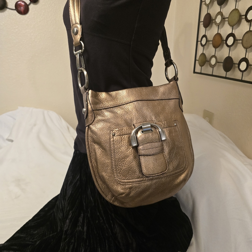 B. Makowski Gold Pebbled Leather Crossbody Handbag